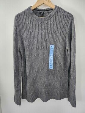 EXPRESS Men's Size Large Grey Cotton Cable Knit Crewneck Pullover Sweater NWT